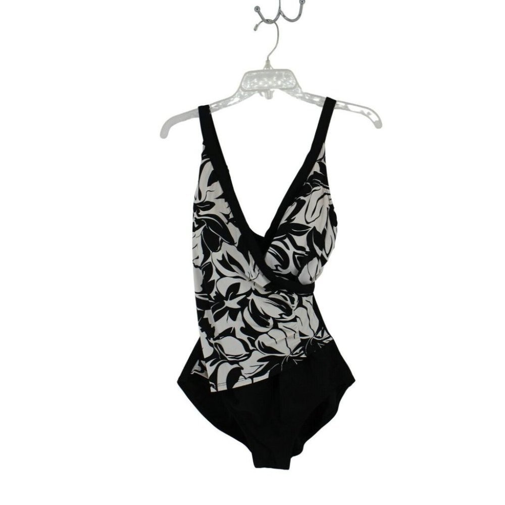 Jantzen Classics Black White Floral Print Faux Wrap One Piece Swimsuit Size 10